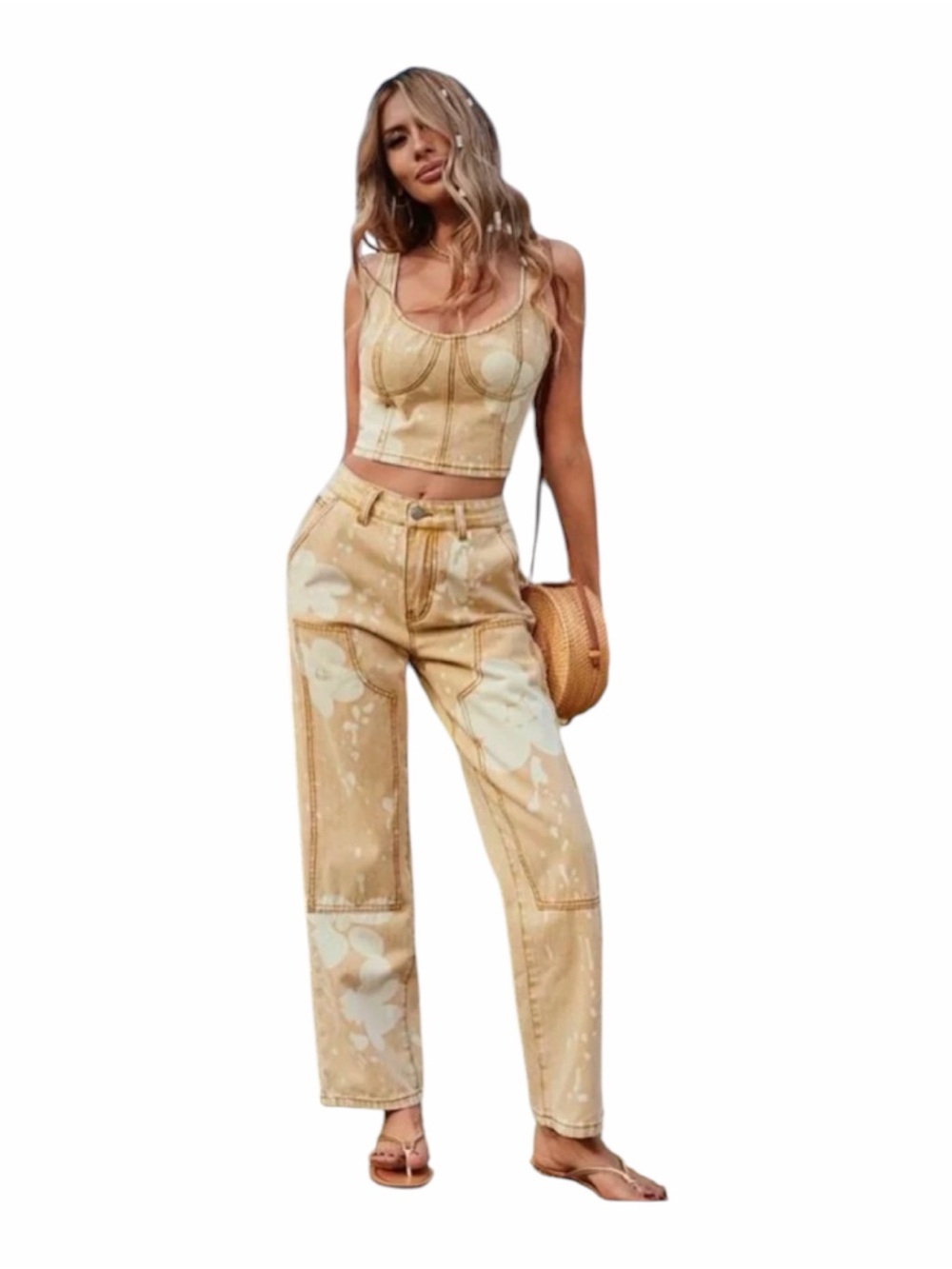 Beige Floral Denim Matching Set Crop Top High Rise Jeans Women’s